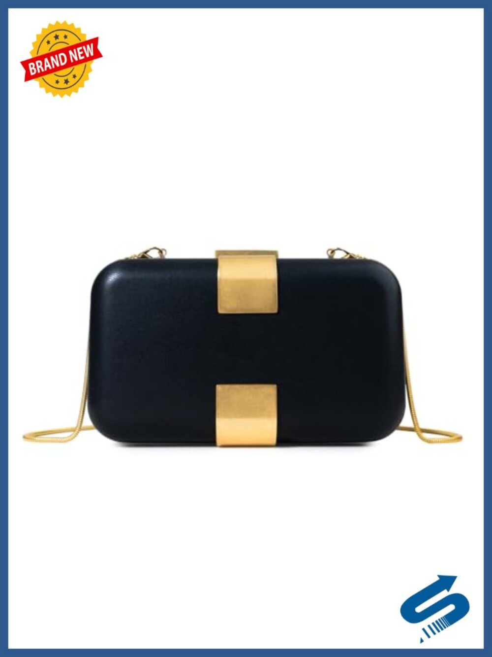 Black Leather Clutch Purse with Gold-Tone Clasp, Detachable Chain Strap